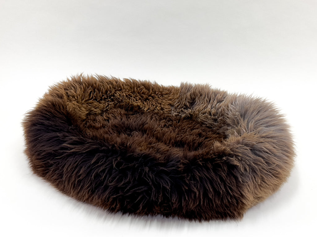 view of sheep donut dog bed in brown and size M