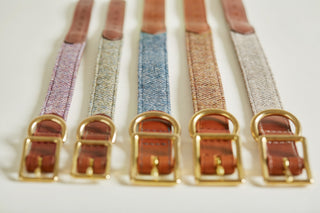 5 different tweed colours of dog collars