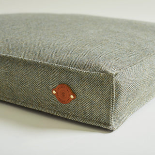 Tweed Dog Bed with leather Helen Wells Label in front