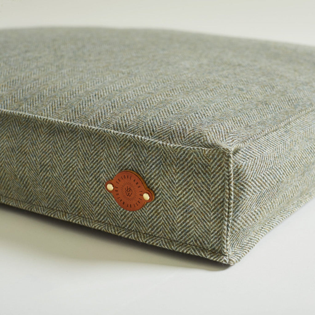 Tweed Dog Bed with leather Helen Wells Label in front
