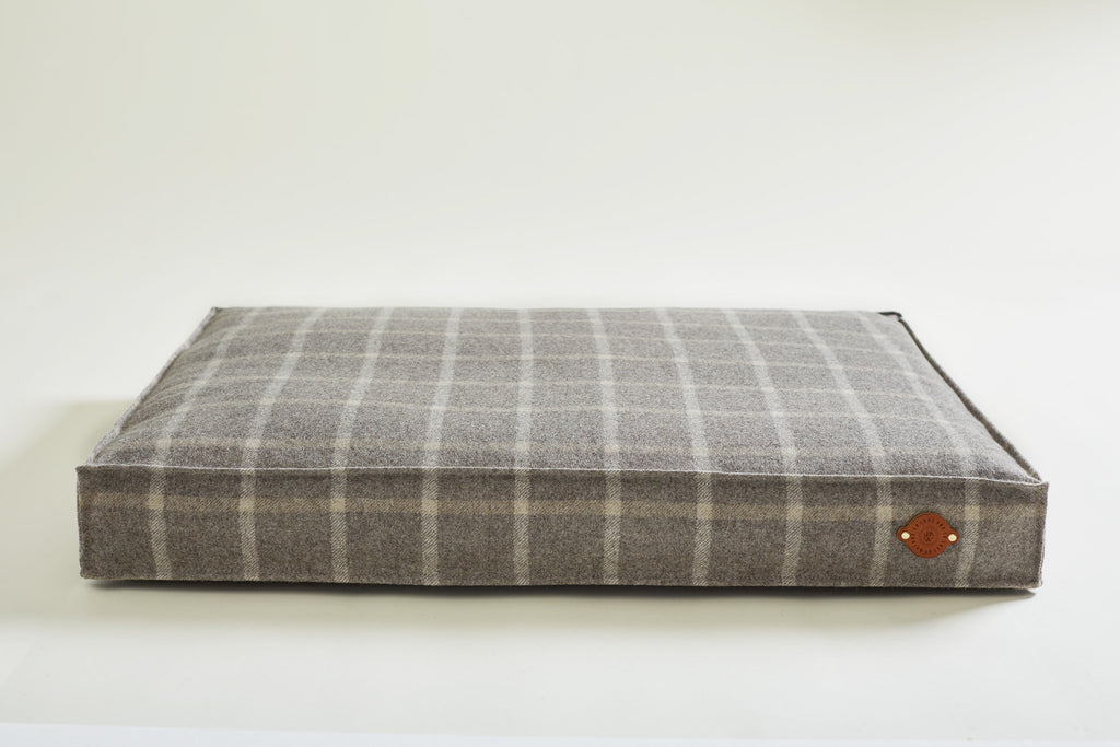 tweed dog bed in check colour Pebble
