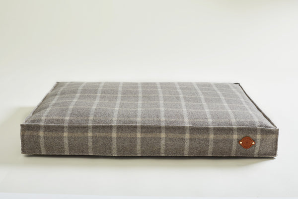 tweed dog bed in check colour Pebble